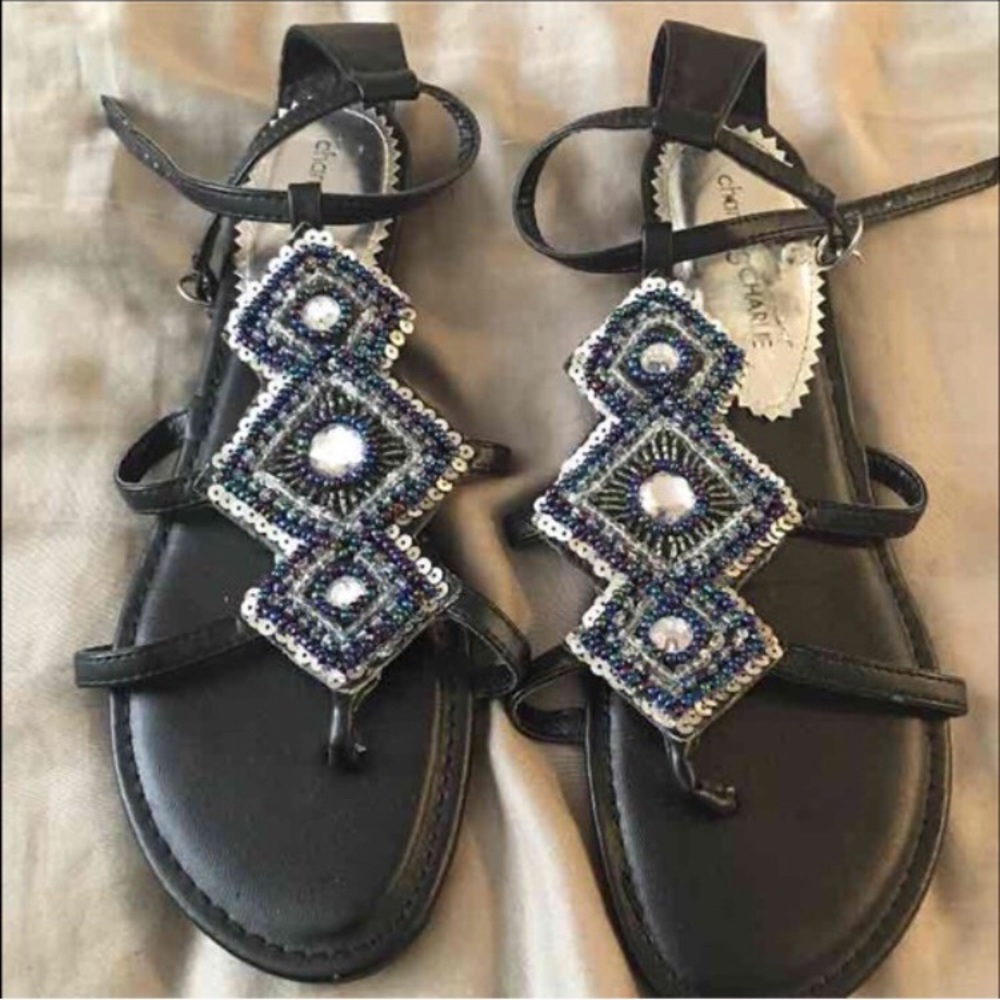 Charming Charlie black bead sandals